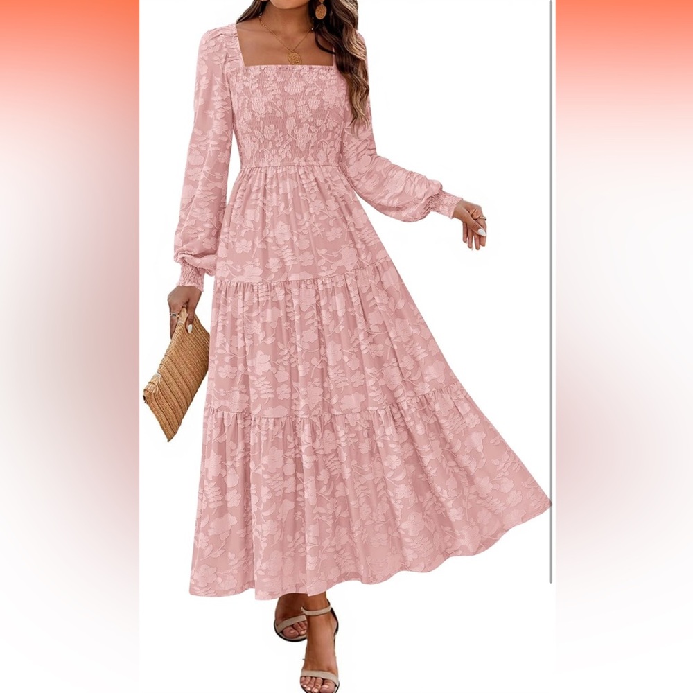 Women's Long Sleeve Square Neck Pink Maxi Dress